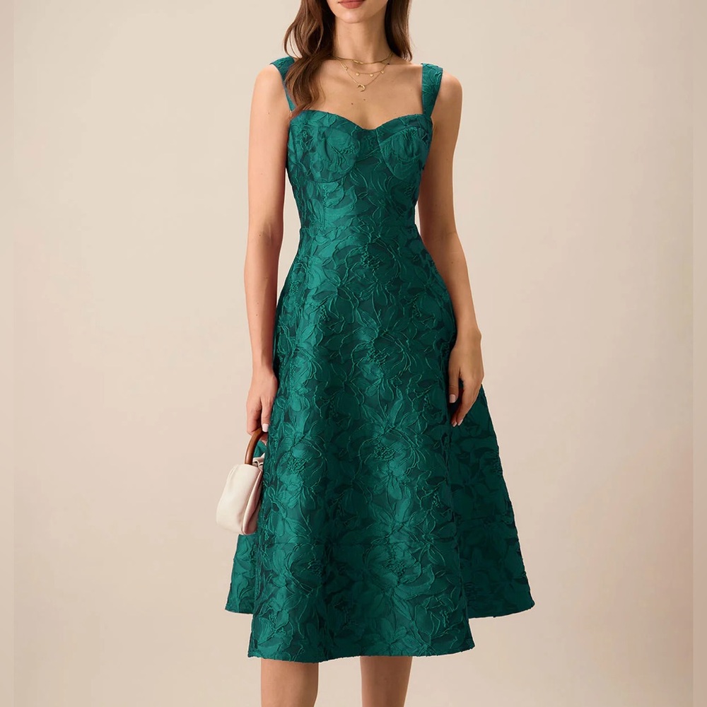 Rihoas Green Sweetheart Neck Jacquard Midi Dress